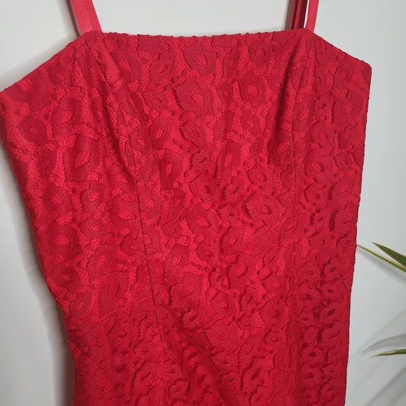 MILLY Kiss Red Lace Spaghetti Strap Slim Grace Dress With Flounce Hem - Picture 6 of 16
